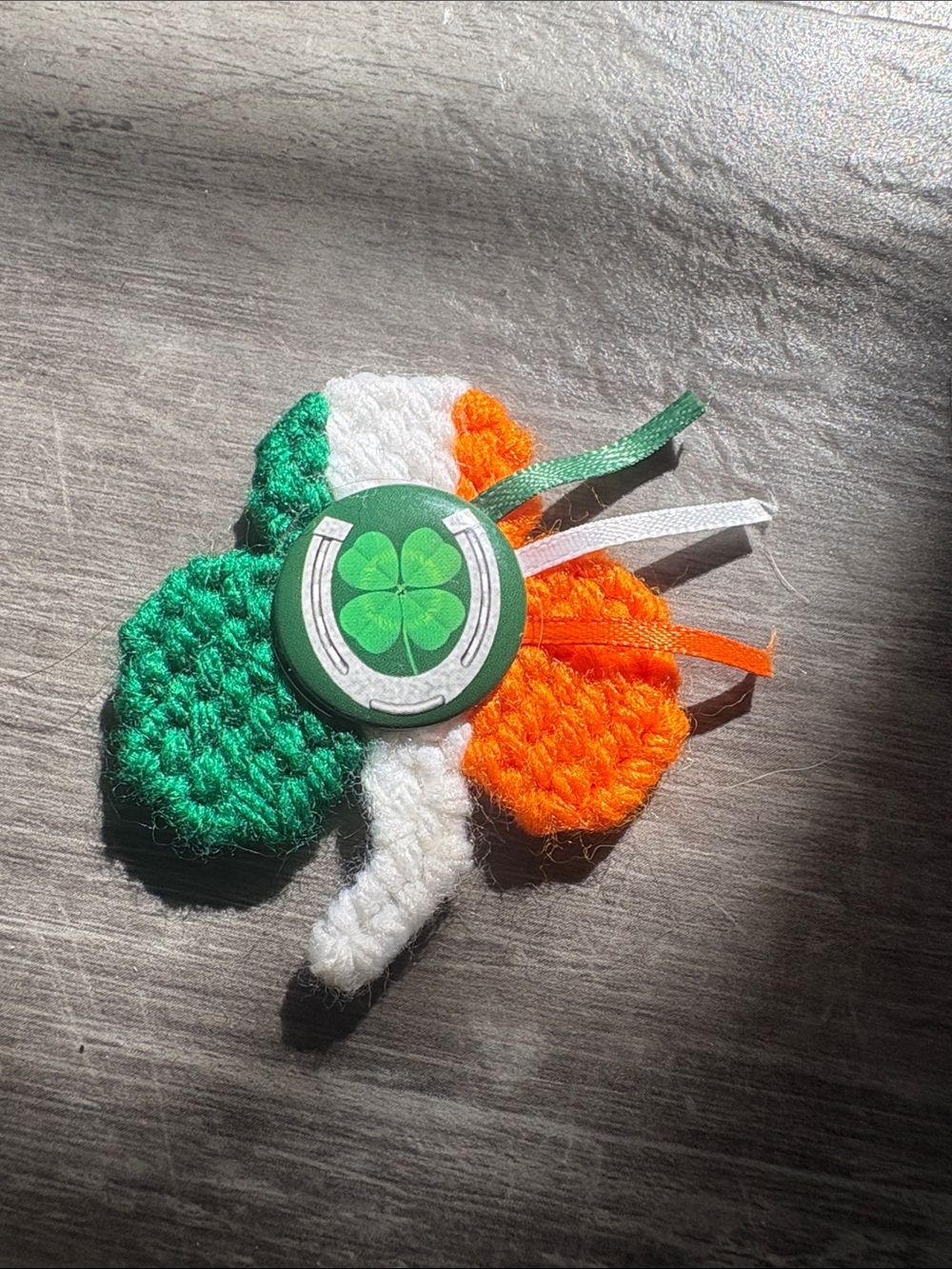 Handmade Crochet Shamrock Pin with Clover Button - Green White Orange
